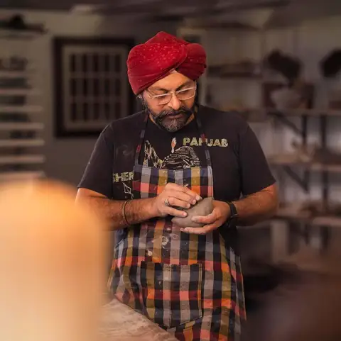 Mentor Manpreeth Singh Nishter, founder of MSN Studio, is a ceramic artist and longtime environmental activist. He left a corporate career to build a vegan, zero-waste studio in Hyderabad and has since led thousands of workshops and spoken globally on sustainable ceramics.