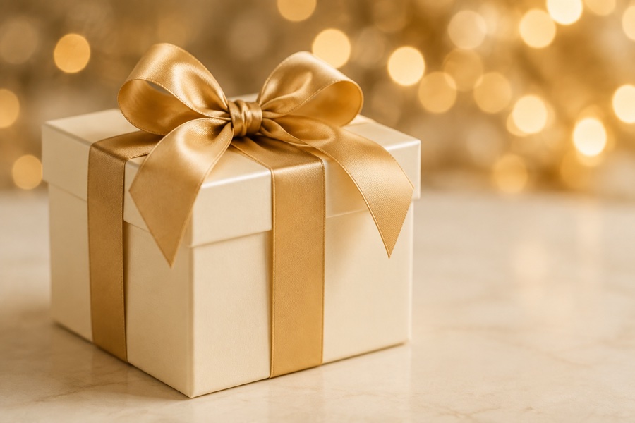 Gift wrapped with a gold ribbon